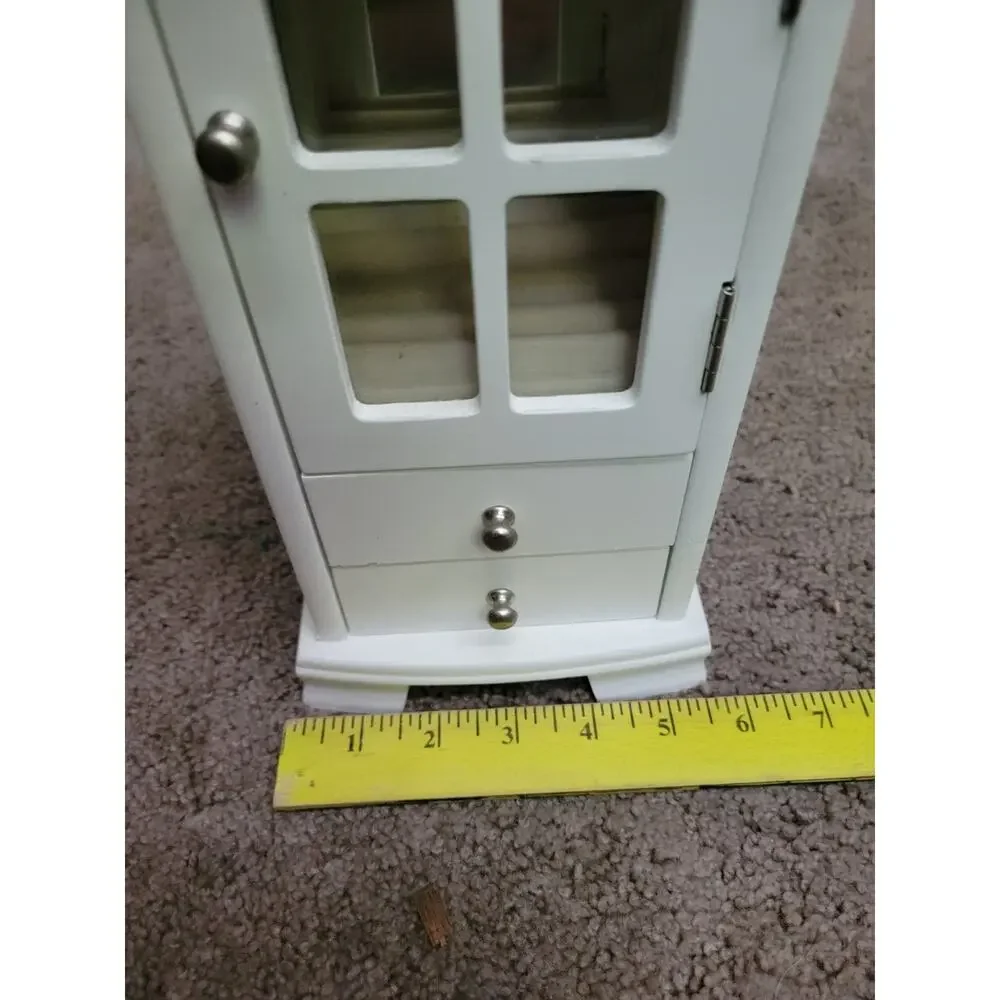 White Vintage-Style Jewelry Armoire with Glass Fold Out Door Drawers